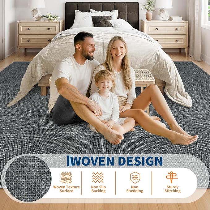 Garvee Large Washable Rug 9x12 Modern Solid Rugs for Living Room Charcoal | Non Slip Woven Textured Bedroom Rug Ultra-Thin Non-Shedding Farmhouse Carpet Neutral Foldable Throw Rugs for Bedroom Office