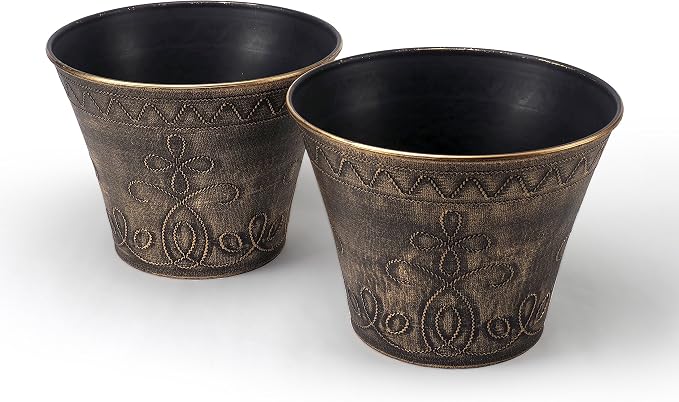 Pack of 2 Decorative Planter Rustic Medieval/French Country Look Flower Nursery Pot for Indoor, Outdoor, Garden, Patio, Office, Home Decor Use. Long Lasting, Reusable Light Weight (Gold)