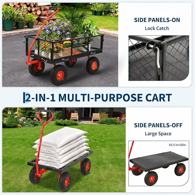 Garvee 900 LB Garden Cart, Heavy Duty Metal Utility Garden Wagon Cart. Red | 13 in All Terrain Tires, 4-in-1 Yard Wagon Cart with Removable Side Panels for Outdoor Lawn, Yard, Backyard