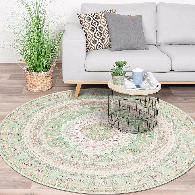 Round Area Rugs 5ft Washable,Green Rug for Living Room Bedroom | Large Boho Vintage Bohemian Distressed Oriental Carpet Non Slip for Dining Room,Sage Blush Floral