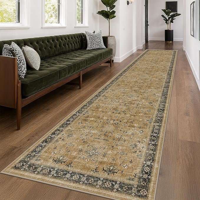 Washable Earthy Tone 3x20 Extra Long Hallway Runner Rug, Boho Kitchen Floor Rug Indoor, Non-Slip Stain & Fade Resistant, Vintage Rustic Brown and Charcoal Olive Floral Décor