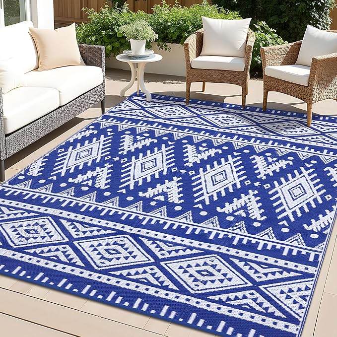 OLANLY Outdoor Rug Waterproof 9x12 ft, Reversible Outdoor Plastic Straw Rug, Boho Patio Rug, Indoor Outdoor Carpet, RV Mat Outside for Patio, Camp, Picnic, Balcony, Deck, Backyard, Blue & White