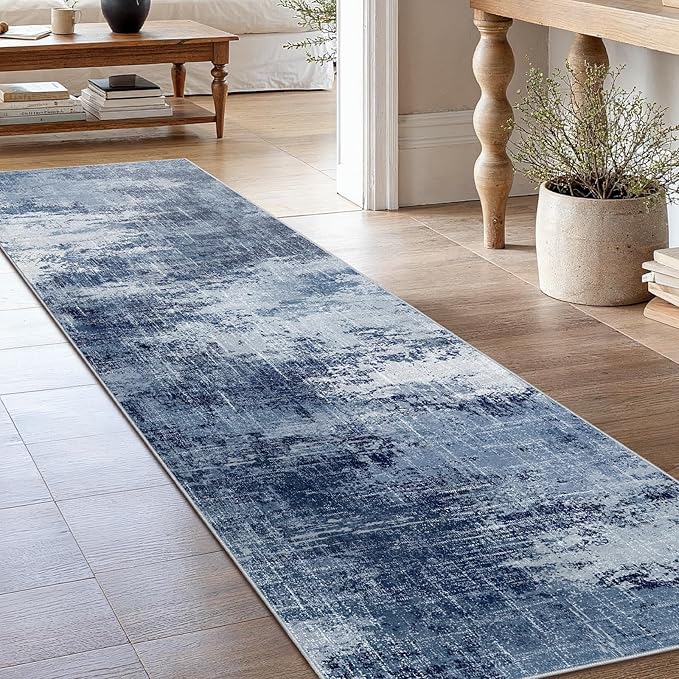 Runner Rugs for Hallway 2'6"x8', Modern Abstract Machine Washable Runners for Kitchen Entryway Bathroom Bedroom, Low Pile Lightweight Thin Non Slip Runner Rug, Dark Blue