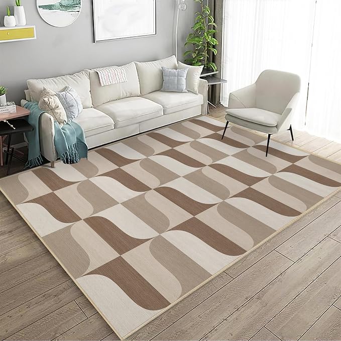 Modern Geometric Rug 3x5 Neutral Beige Brown Abstract Mid Century Modern Area Rug for Entryway Living Room Contemporary Machine Washable Non-Slip Printed Low-Pile Floor Carpet for Kitchen Bedroom