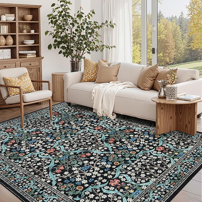 GarveeHome 6x9 Washable Area Rug for Living Room, Floral Dining Room Rugs for Under Table, Low Pile Non-Slip Stain Resistance Floor Carpet for Bedroom, Black