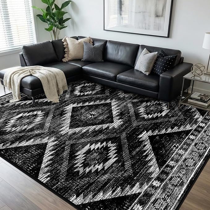 8'x10' Washable Area Rug for Living Room Bedroom Black | Soft Western No Slip Low Pile Print Foldable Indoor for Kitchen Dining Room