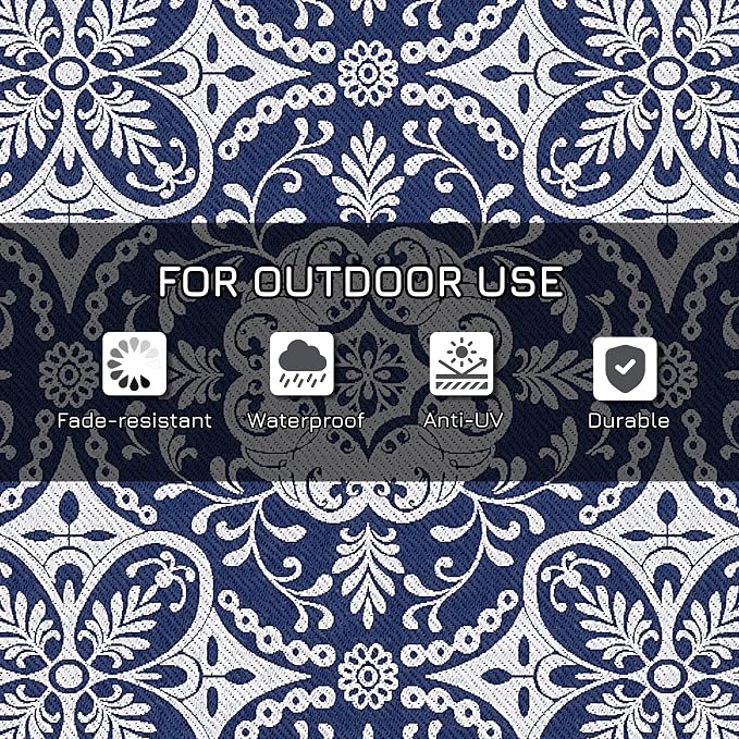 Outsunny Reversible Outdoor Rug Carpet, 9' x 18' Waterproof Plastic Straw Rug, Portable RV Camping Rugs with Carry Bag, Large Floor Mat for Backyard, Deck, Picnic, Beach, Blue & White Floral