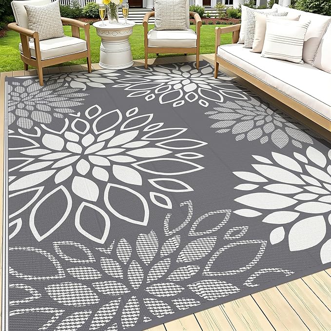 HEBE Waterproof Outdoor Rug 9x12 for Patios, Floral Reversible Plastic Straw Rug Patio Mat, Indoor Outdoor Carpet RV Mat Camping Rug for Deck, Camper, Porch, Balcony, Backyard, Picnic