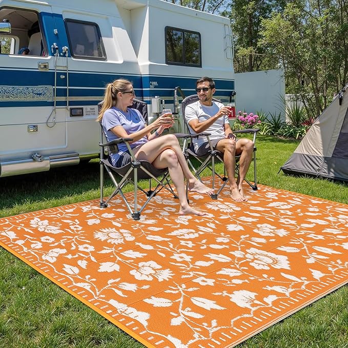 Garvee 5x8 RV Outdoor Rug Waterproof, Floral Outdoor Plastic Straw Rug with Portable Bag, Vintage Foldable Reversible Outside Rugs for Picnic Backyard Deck Balcony Porch Beach Camper, Orange