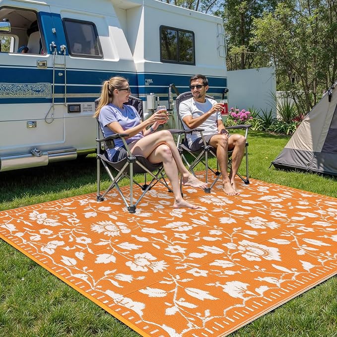 Garvee 6x9 RV Outdoor Rug Waterproof, Floral Outdoor Plastic Straw Rug with Portable Bag, Vintage Foldable Reversible Outside Rugs for Picnic Backyard Deck Balcony Porch Beach Camper, Orange