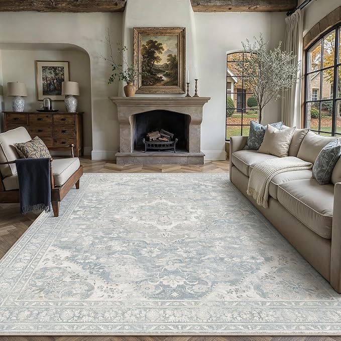 Blue Area Rug 8x10 Living Room Vintage Floral Non-Slip Carpet | Machine Washable, Soft, Low Pile, Distressed, Large for Bedroom, Dining Room, Office, Retro Neutral Decor