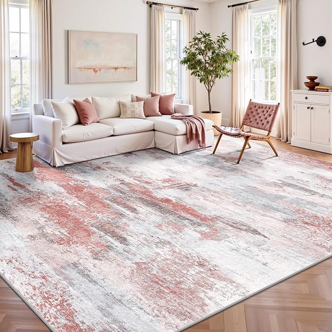 8x10 Rugs for Living Room - Modern Abstract Washable Rug, Ultra Soft Non Slip Low Pile Large Rugs, Floor Carpet for Bedroom Dining Room Office Laundry Nursery Home（Pink & Grey）