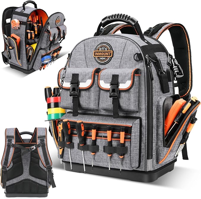Tool Backpack Heavy Duty – LOKASS Tool Backpack with Molded Base, 1680D Tool Organizer with Laptop Compartment & Combination Lock, Water-Resistant Electrician & HVAC Tool Bag, Stands Upright