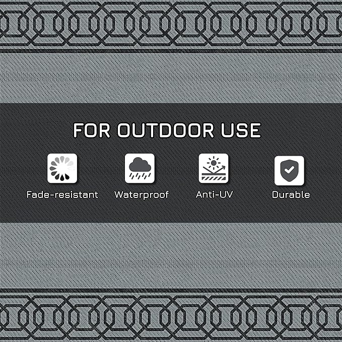 Outsunny Outdoor Rug for Patio, 9' x 12' Waterproof Large Mat, Reversible Plastic Straw Rug for Decor, Portable Outside RV Camping Area Carpet Mat for Backyard Porch Deck Picnic, Black & Gray Border