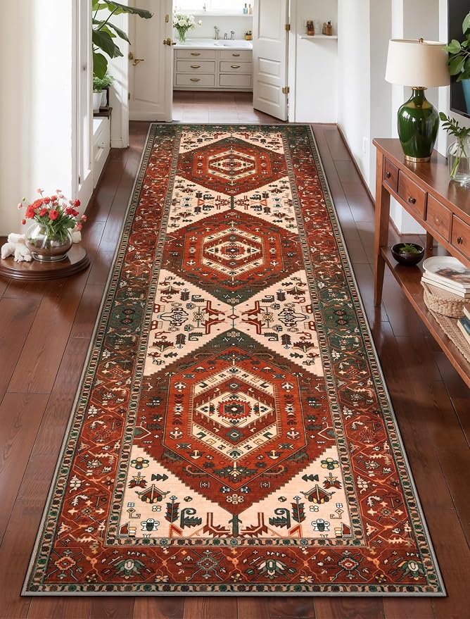 SERISSA 2'6"x10' Washable Non Slip Boho Runner Rug for Hallway | Ultra Soft Vintage Oriental Carpet Low-Pile Terracotta Green Floor Carpet for Kitchen Bedroom Bathroom Laundry Room