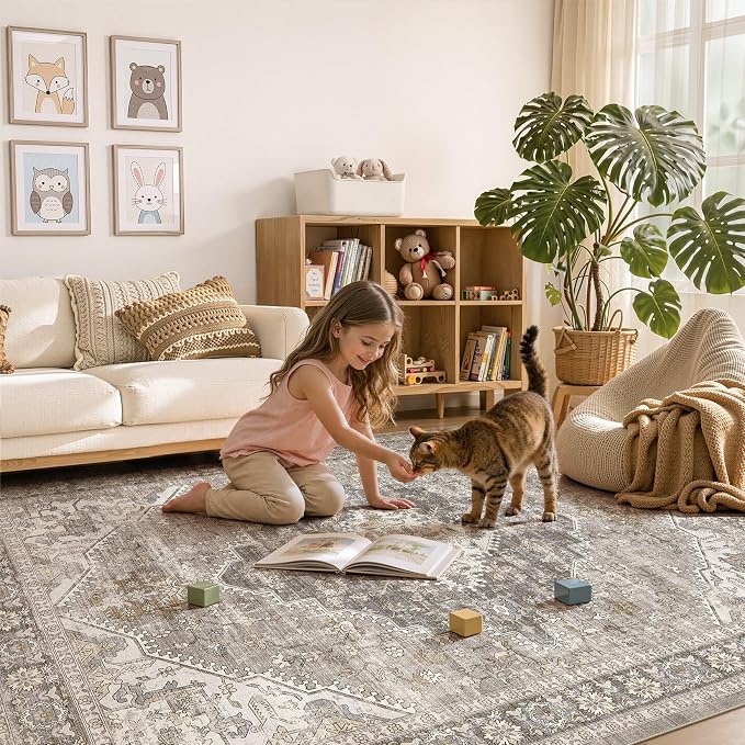 DTICON Vintage Washable 10x14 Area Rug Living Room Rugs, Taupe | Boho Distressed, Pet & Kid Friendly, Non-Slip Backing, Soft Polyester, Low-pile Carpet for Living Room, Bedroom, Dining Room