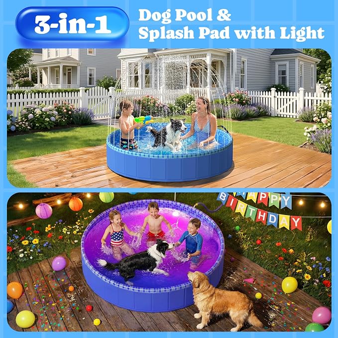 Pawtners Large Foldable Kiddie Pool with Sprinkler & RGB LED Light 79'' | Splash Pad, Wading Pool, Bathing Tub, Hard Plastic, Heavy Duty, Non-Slip, Durable, Scratch Resistant, Suitable for Backyard