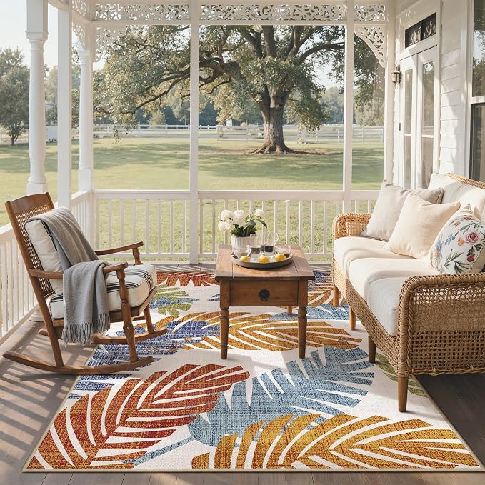GENIMO Outdoor & Indoor Area Rug 6'x9', Waterproof, Non-Shedding, Easy Cleaning, Leaf Mat for Patio, Living Room, Balcony, Dining Room, RV, Deck, Bedroom, Camping, Outside Carpet, Tropical Rust