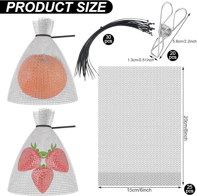 25 Pcs Fruit Protection Wire Mesh Bags 6 x 8 Inch Fruit Bags with Clips and Ties for Fruit Trees Netting Cover Bags Mesh Fruit Protectors for Vegetables Tomato Apple Mango Berry Roots Pl