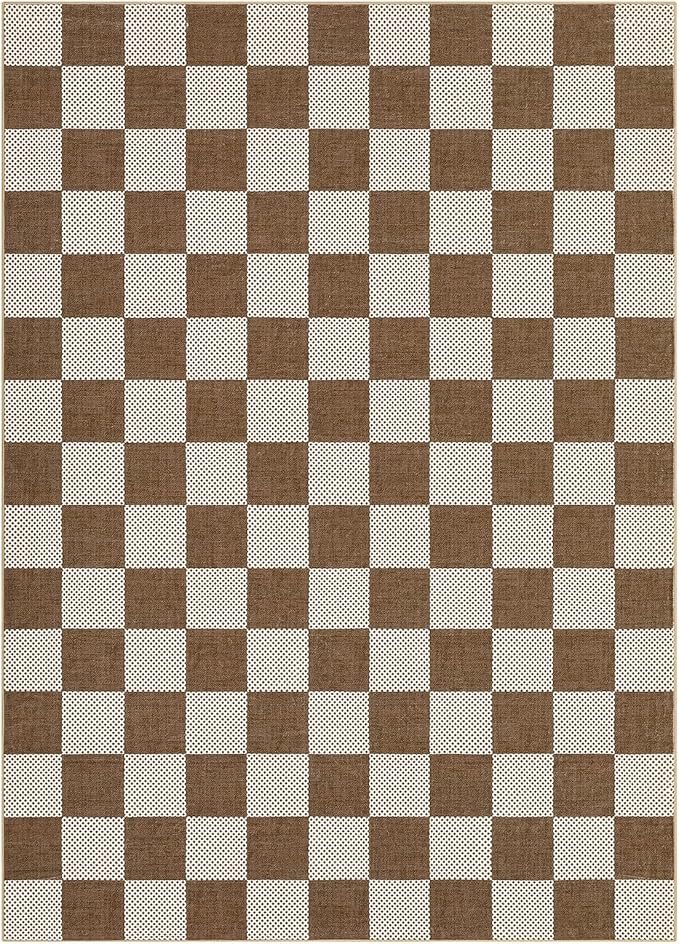 GarveeHome Checkered Terracotta Brown 3x5 Washable Rug Low-Pile for Bedroom | Non-Slip Terracotta Brown Stain Resistant Rug for Bedroom Bathroom Living Room Geometric Soft Rug TPE Backing