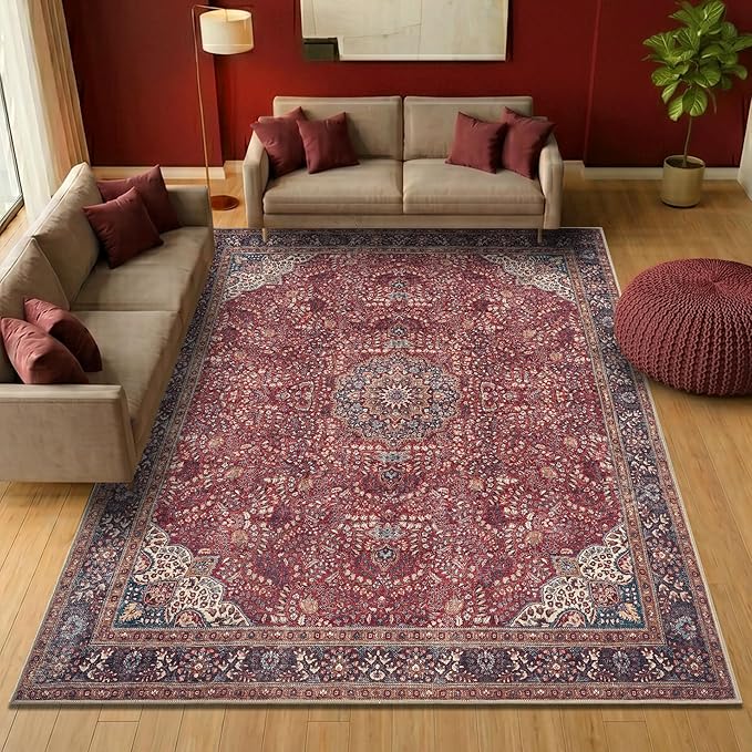 Keen Home Design Vintage Washable Area Rug, Non-Slip Low Pile, 6x9 | Machine Washable Cotton Chenille, 0.25In Low Pile, Rubber Non-Slip Back; Living Room, Dining Room, Bedroom, Office