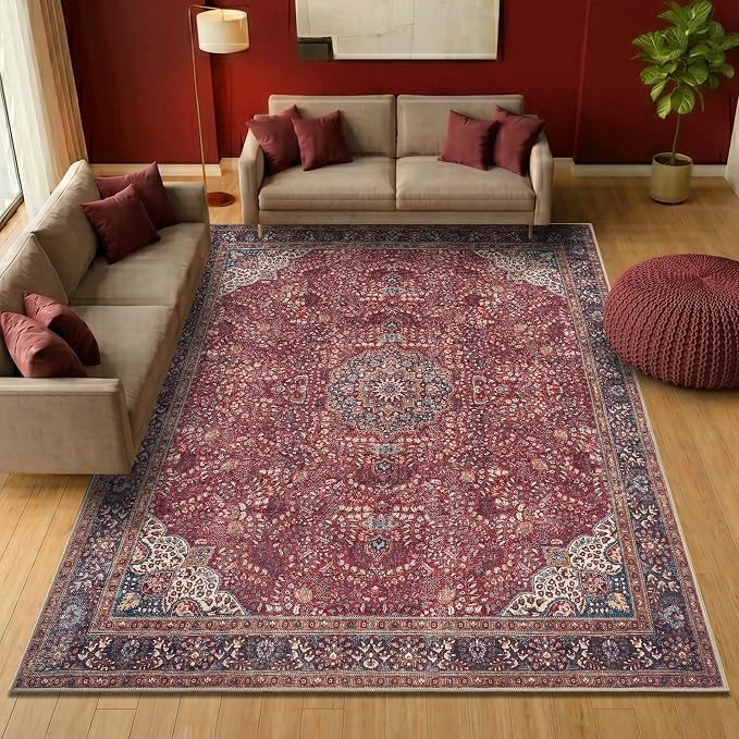 Keen Home Design Vintage Washable Area Rug, Non-Slip Low Pile, 8x10 | Machine Washable Cotton Chenille, 0.25In Low Pile, Rubber Non-Slip Back; Living Room, Bedroom, Dining Room, Office