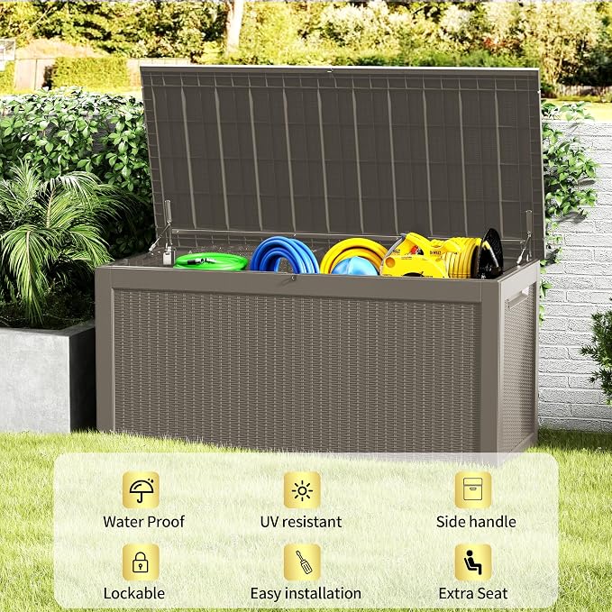 Outdoor Storage Box, 320 Gallon Waterproof Deck Box, Dual Gas-Spring Ultimate Resin Organizer for King Cushions, Heavy-Duty Lockable Estate Storage Bench, Backyard BBQ, Grey