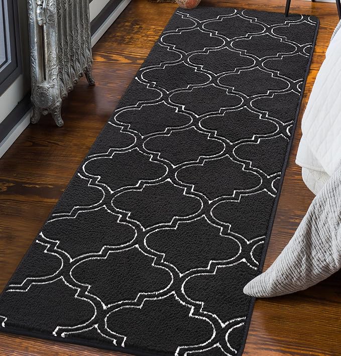 Chicrug 2x6 Shag Geometric Modern Runner Rug for Bedroom Hallway | Memory Foam Indoor Runner Carpet, Fluffy Rug for Living Room Bedside Room for Family, Black and White