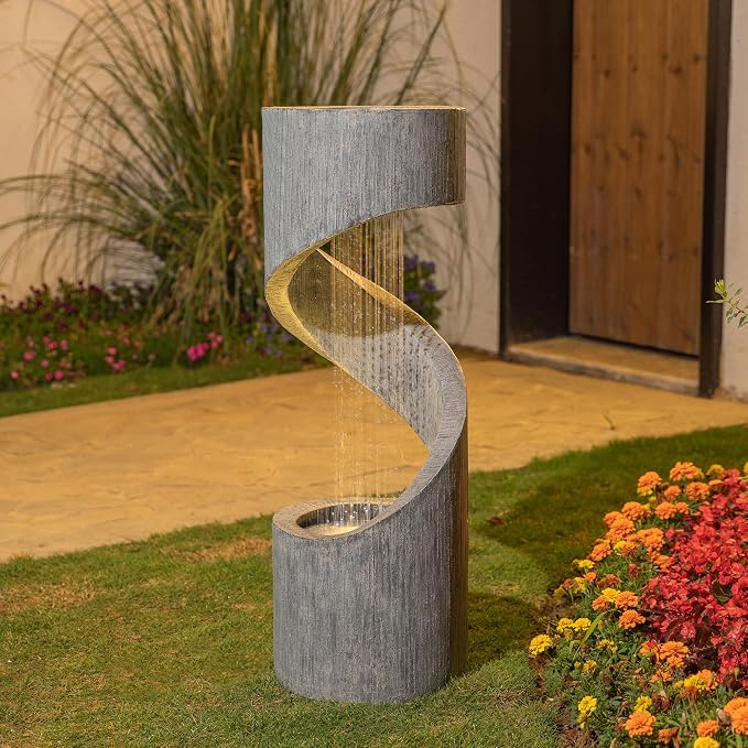 Glitzhome Outdoor Fountain with LED Light, Oversized Spiral Water Fountain Outdoor with Stone Planter, Modern Curved Waterfall Fountains Water Feature for Garden Patio, 40”H
