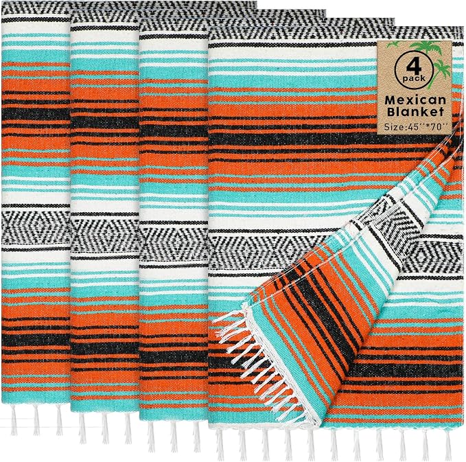 Oudain 4 Pack Mexican Blankets 45 x 70 Inch Woven Serape Throw Blanket, Baja Yoga Blanket for Beach Picnic Camping Boho Couch Decor Travel Outdoor (Delicate Color)