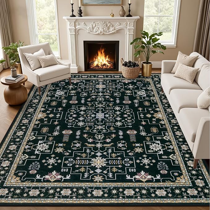 8x10 Area Rugs Living Room: Washable Vintage Rug for Bedroom Black | Boho No Slip Stain Resistant Rug Soft Indoor Decor Floor Floral Area Rugs for Dining Room, Nursery, Hallway, Home Office