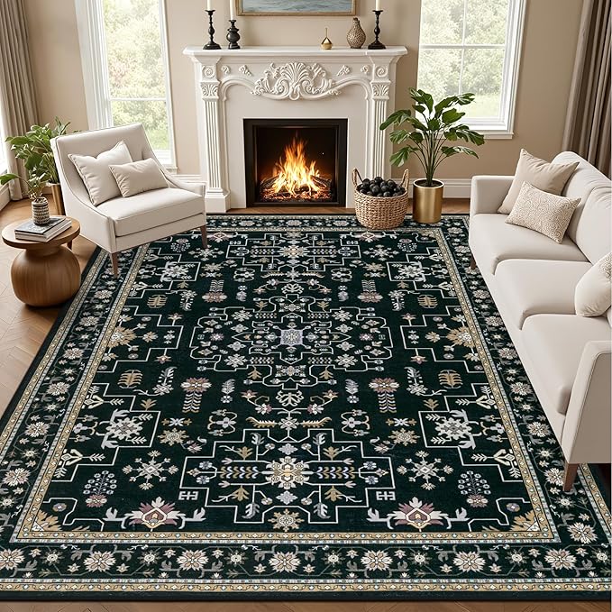 10x14 Area Rugs Living Room: Washable Vintage Rug for Bedroom Black | Vintage No Slip Stain Resistant Rug Soft Indoor Decor Floor Floral Area Rugs for Dining Room, Nursery, Hallway, Home Office