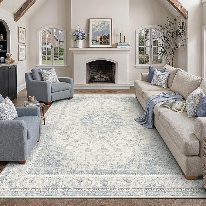 8x10 Blue Washable Area Rug Non Slip Vintage Carpet | Low Pile, Stain Resistant, Living Room, Bedroom, Nursery, Office, Playroom, Dining Room, Soft, Large, Lightweight
