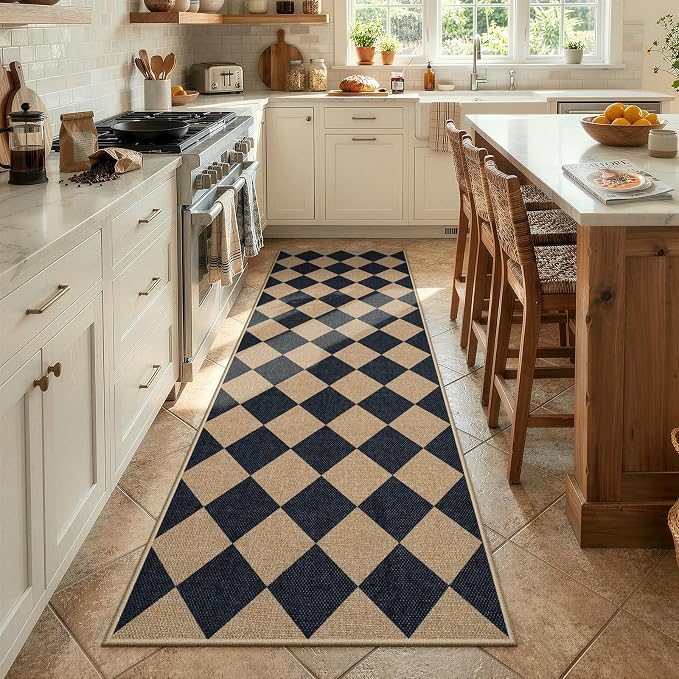 Lahome Checkered Easy Jute Non Slip Kitchen Runner, 2'6"x8' Washable Hallway Runner Rug Outdoor Black Carpet for Entryway Indoor, Checkerboard Indoor Outdoor Carpet for Hallway 8ft Entry