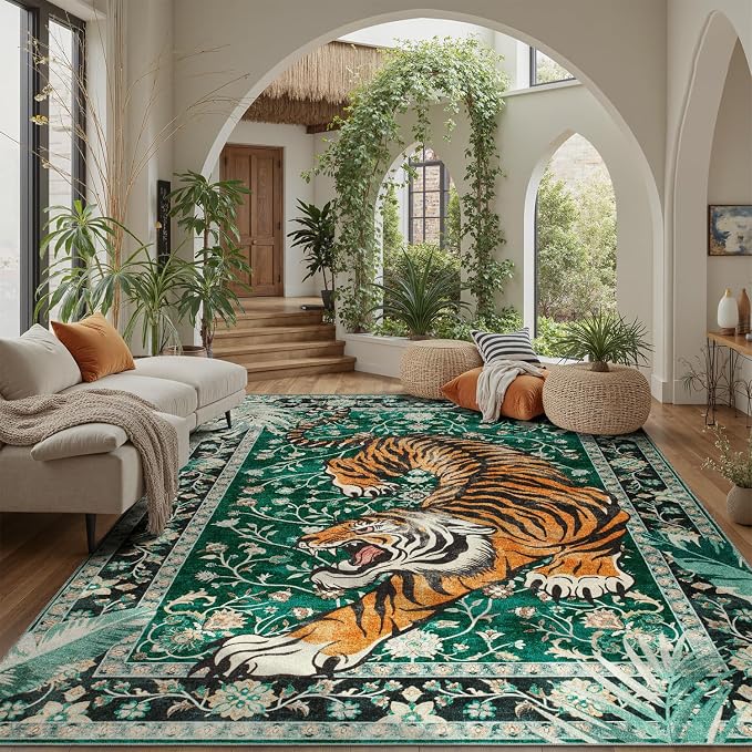 DCX Washable 5x7 Tiger Area Rug, Green Vintage Animal Rug for Living Room, Soft Low Pile Carpet, Kid & Pet Friendly with Rubber Back Non Slip, Tiger Rug for Bedroom Dining Room Office