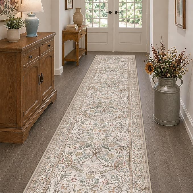 Vintage Floral Moss Green 2x10 Hallway Runner Rug Non Slip - 10 ft Extra Long Runner Rugs for Entryway, Washable Low Pile Laundry Room Floor Carpet, Brown Taupe Neutral Decor