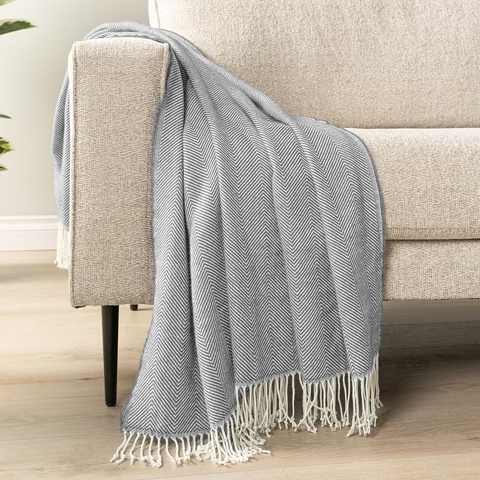PAVILIA Light Gray Herringbone Throw Blanket for Couch Bed, Decorative Outdoor Throw Blanket, Faux Cashmere Blanket Throw, Lightweight Accent Sofa Blanket Throw, 50x60