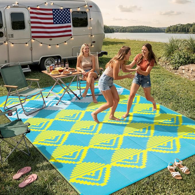 Beeiva Outdoor Rug 8x10 Waterproof for Patio, Reversible Outdoor Patio Rug for Backyard, Deck, Blue Yellow