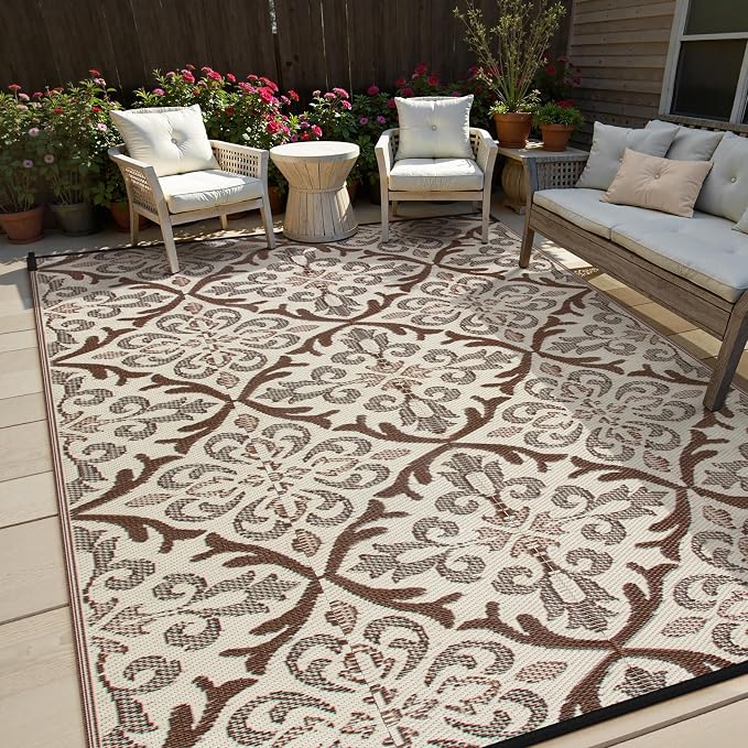Lahome Outdoor Area Rugs 8x10 Patio Waterproof, Reversible Plastic Straw Rv Outdoor Rugs for Camping, Large Indoor Outdoor Carpet for Porch Deck Backyard Camper Picnic, Khaki 8'x10'