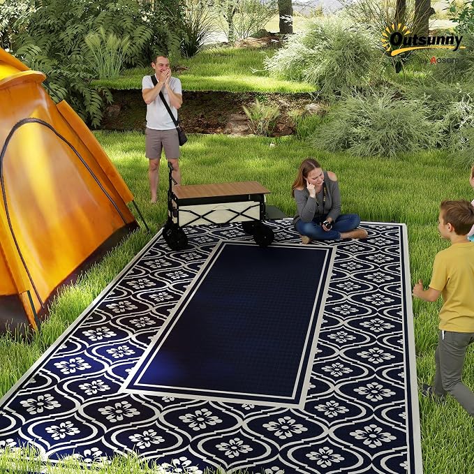 Outsunny Outdoor Rug for Patio, 9' x 18' Waterproof Large Mat, Reversible Plastic Straw Rug for Decor, Portable Outside RV Camping Area Carpet Mat for Backyard Porch Deck Picnic, Blue & White Gourd