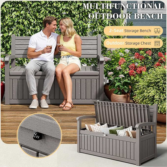 80 Gallon Outdoor Storage Box,Resin Stripes Deck Box Doubles as 2-Person Bench Seat,Waterproof Storage Outdoor Porch Bench for Cushions,Garden Tools and Pool Supplies Grey