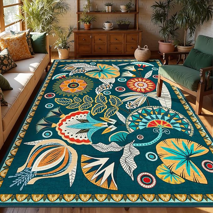 Joydeco Egypt Floral Washable Living Room Rugs 9x12, Dark Green Large Boho Bedroom Dining Room Rug Non Slip, Vintage Low Plie Indoor Throw Rug for Dining Room Nursery Dorm Classroom