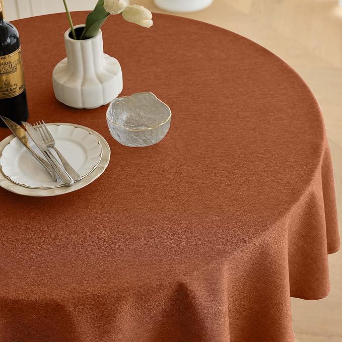 Decorelia Fall Farmhouse Round Table Cloth for Indoor/Outdoor, Harvest Thanksgiving Faux Linen Washable Tablecloth Cover for Party Dining & Kitchen Table Decor (60 Inch,Round (2-4 Seats),Burnt Orange)