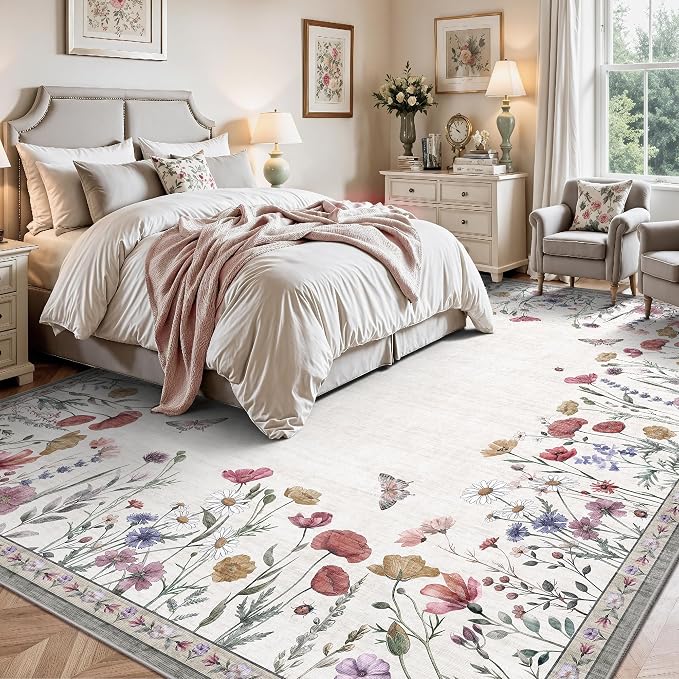 8x10 Area Rugs, Machine Washable Low Pile Floral Rugs for Living Room, Bedroom, Large Area Rug with Non-Slip Backing for Dining Room(Classic Beige)
