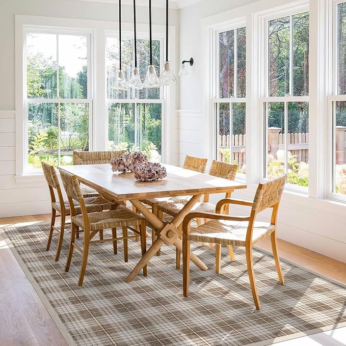 GarveeHome Checkered Machine Washable Area Rugs 8x10, Stain Resistant Non Slip Backing Low-Pile Rug Indoor Outdoor Carpet for Living Room Office Bedroom Dining Room Nursery Beige