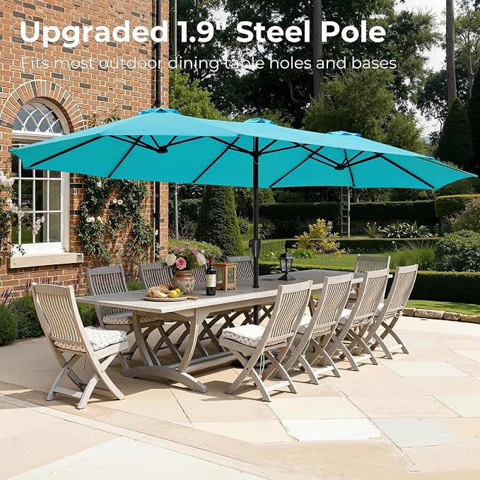 SUPERJARE 15FT Outdoor Umbrella for Patio, Double sided Pool Umbrellas with Fade Resistant Canopy, Large Table Umbrella for Deck, Market, Backyard - Light Blue(No Base)