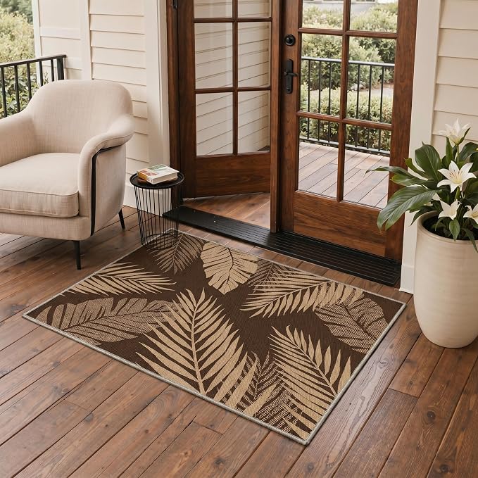 GENIMO Outdoor & Indoor Area Rug 2'x3', Waterproof, Non-Shedding, Easy Cleaning, Leaf Mat for Patio, Living Room, Balcony, Dining Room, RV, Deck, Bedroom, Camping, Outside Carpet, Coffee Brown