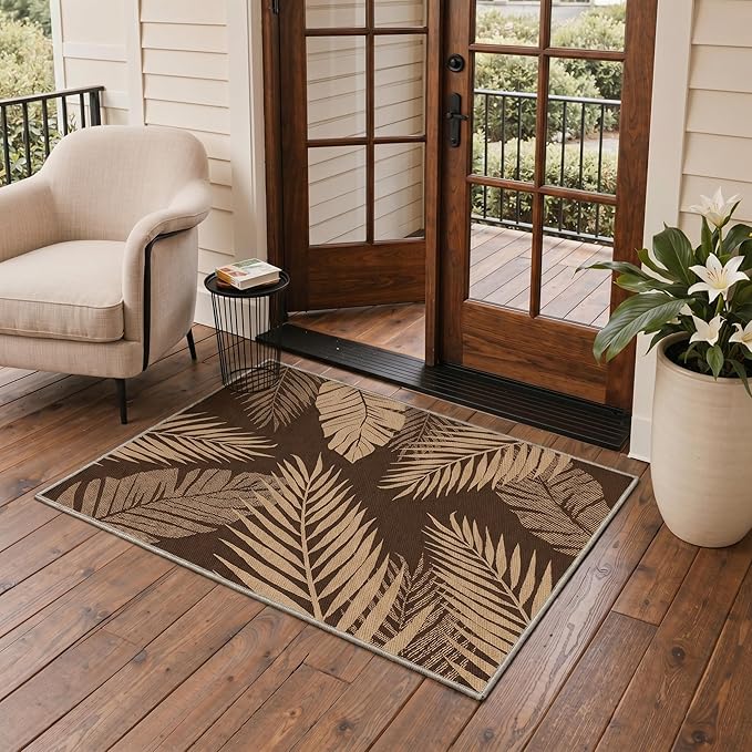 GENIMO Outdoor & Indoor Area Rug 2'x5', Waterproof, Non-Shedding, Easy Cleaning, Leaf Mat for Patio, Living Room, Balcony, Dining Room, RV, Deck, Bedroom, Camping, Outside Carpet, Coffee Brown