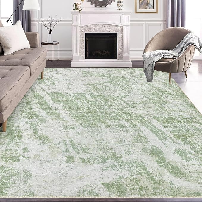DMOYEST 9x12 Area Rug for Living Room Washable Abstract Indoor Carpet | Neutral Modern Low Pile Rugs Kid & Pet Friendly Large Soft Thin Carpet for Bedroom Dining Room and Office - Light Green