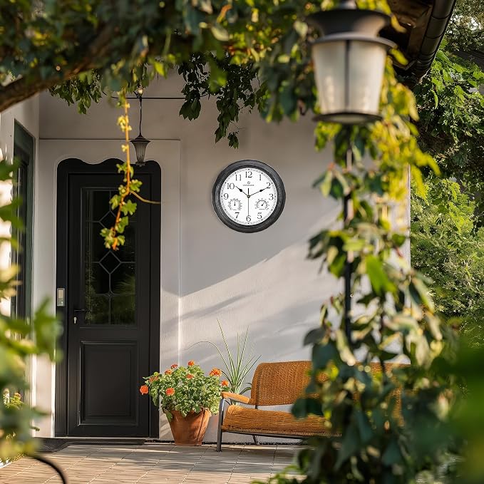 Lafocuse 12 Inch Black Outdoor Clocks Waterproof for Patio Pool Bathroom | With Thermometer Combo and Hygrometer, Vintage Rustic Weather Outside Clock for Garden Garage Porch Kitchen, Silent, Accurate